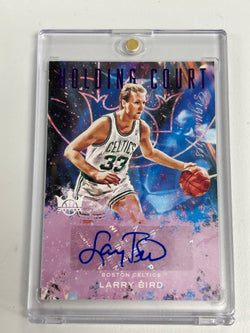 Larry Bird 2021 Panini Court Kings Holding Court Purple Auto #16/35