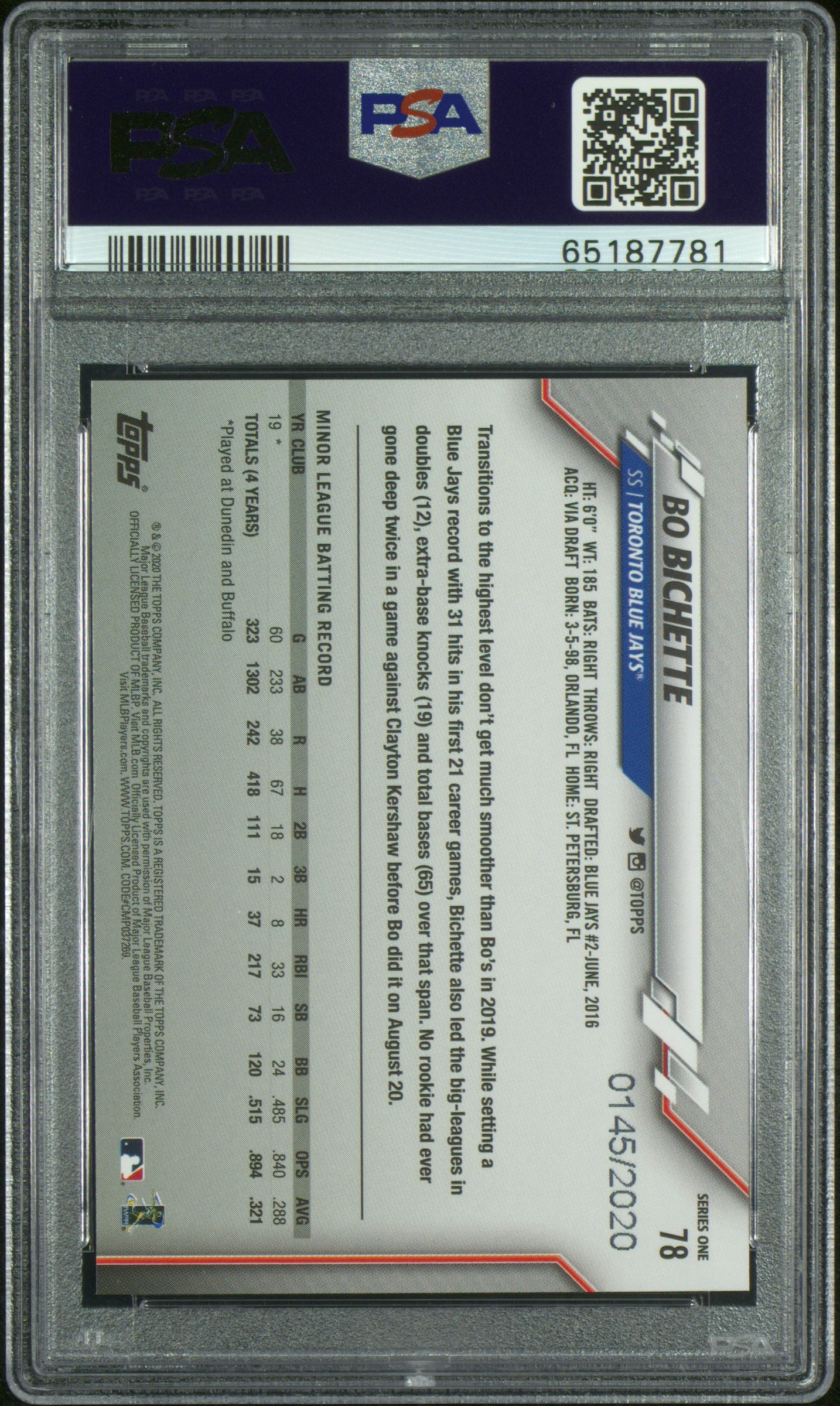 Bo Bichette 2020 Topps Rookie #78 Gold #145/2020 PSA 10 Gem Mint