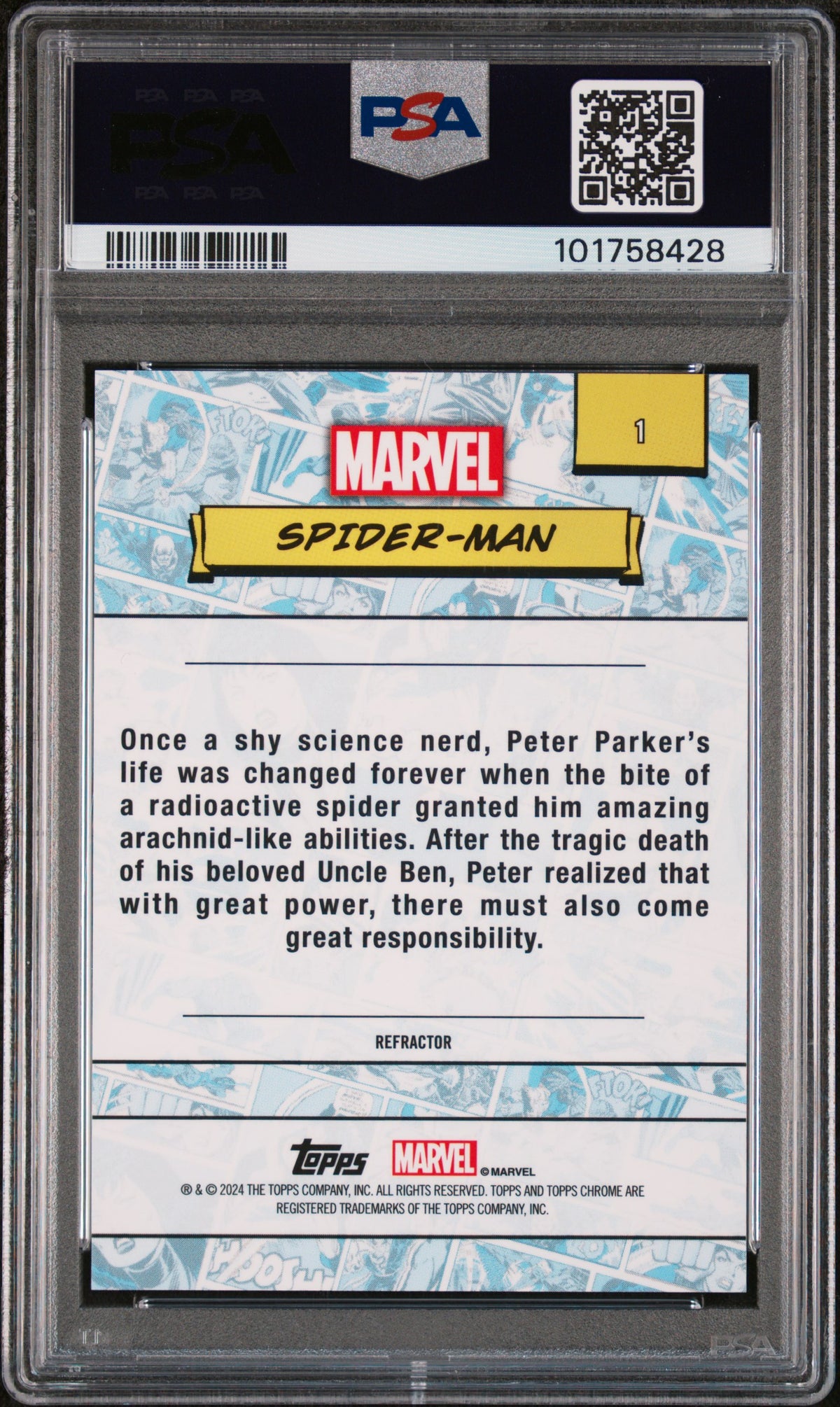 Spider-Man 2024 Topps Chrome Marvel #1 Refractor PSA 10 Gem Mint