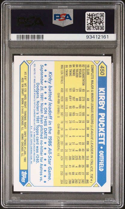 Kirby Puckett 1987 Topps Tiffany #450 PSA 10 Gem Mint 2161