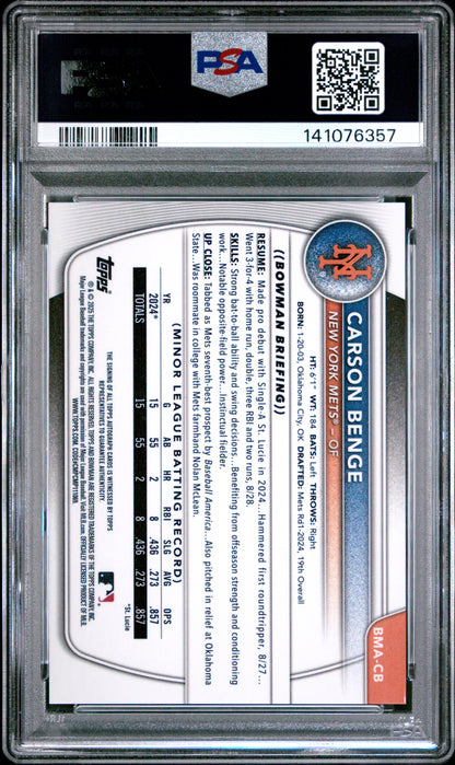 Carson Benge 2025 Bowman Chrome Mega Box Orange Refractor Auto #14/25 PSA 10 Gem Mint