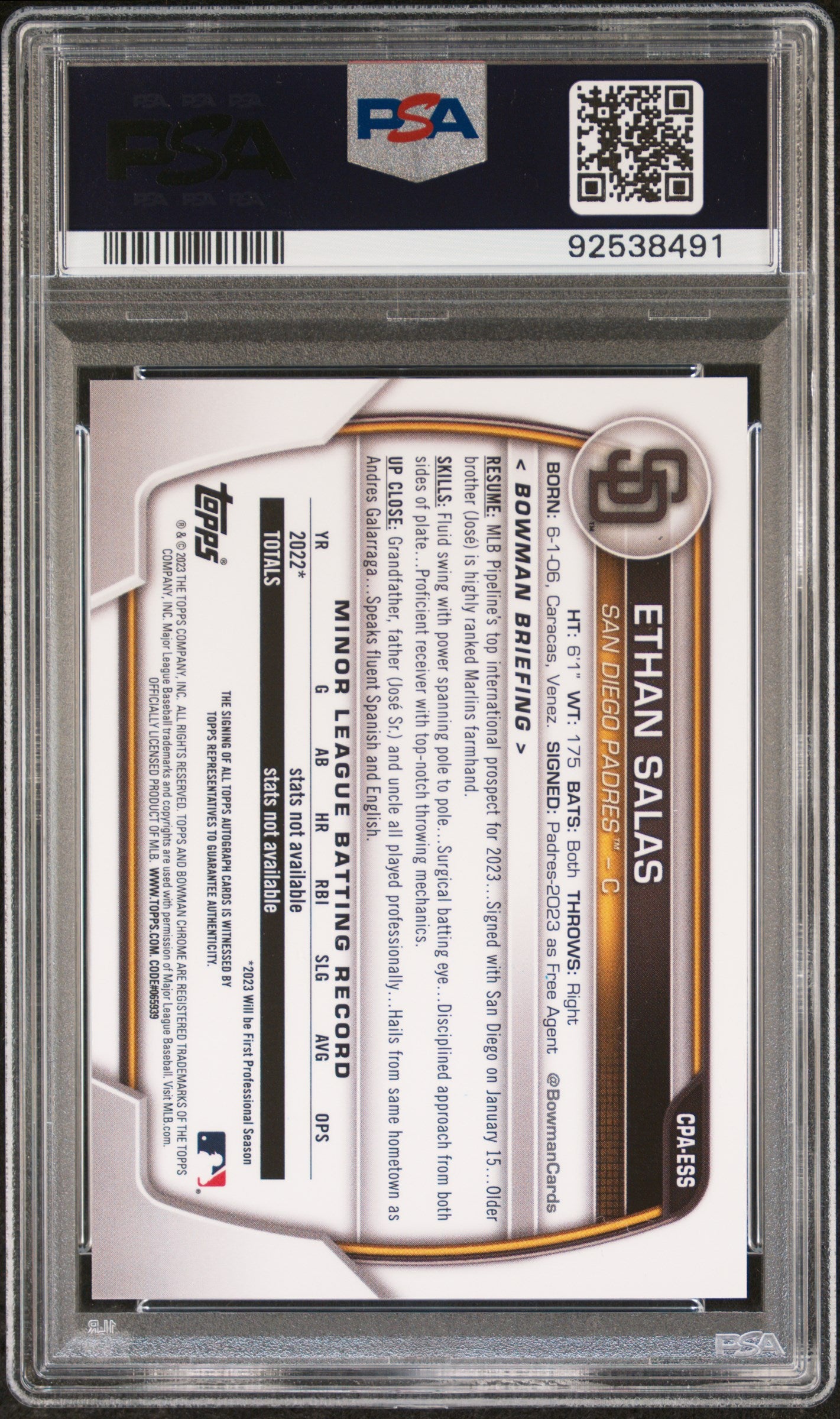 Ethan Salas 2023 Bowman Chrome Blue Raywave Auto #80/150 PSA 9 Auto 10