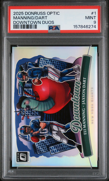 Eli Manning + Jaxson Dart 2025 Donruss Optic Downtown Duos PSA 9 Mint