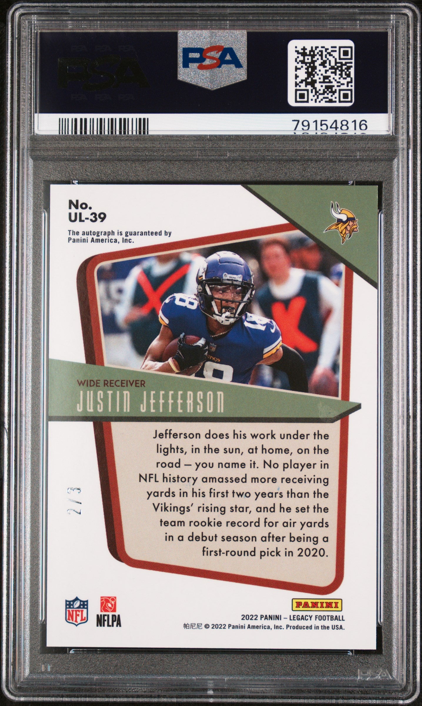 Justin Jefferson 2022 Panini Legacy Under the Lights Yellow Diamond Auto #2/3 PSA 9 Auto 10