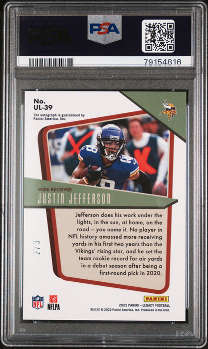 Justin Jefferson 2022 Panini Legacy Under the Lights Yellow Diamond Auto #2/3 PSA 9 Auto 10