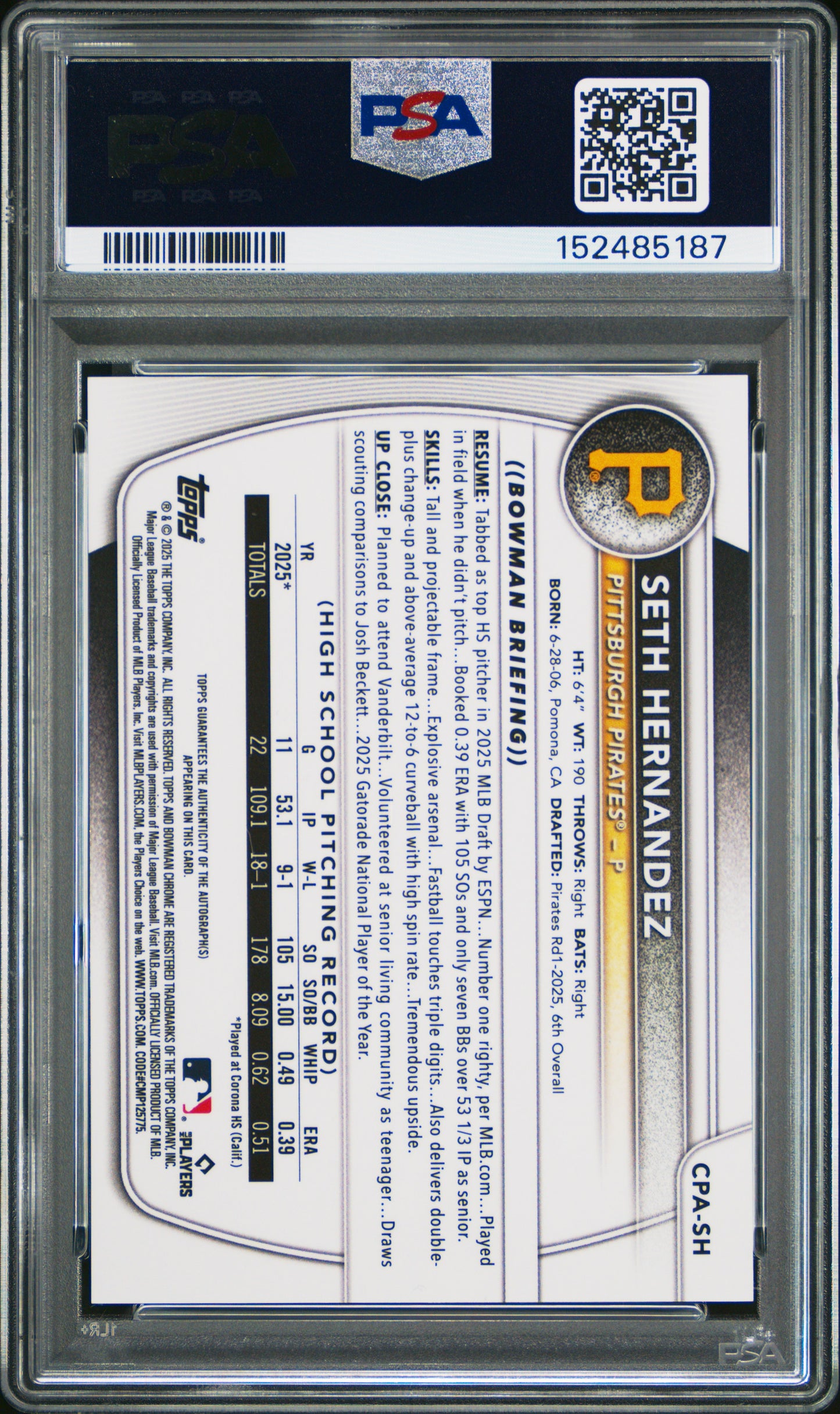 Seth Hernandez 2025 Bowman Draft Blue Wave Auto #54/150 PSA 10 Gem Mint