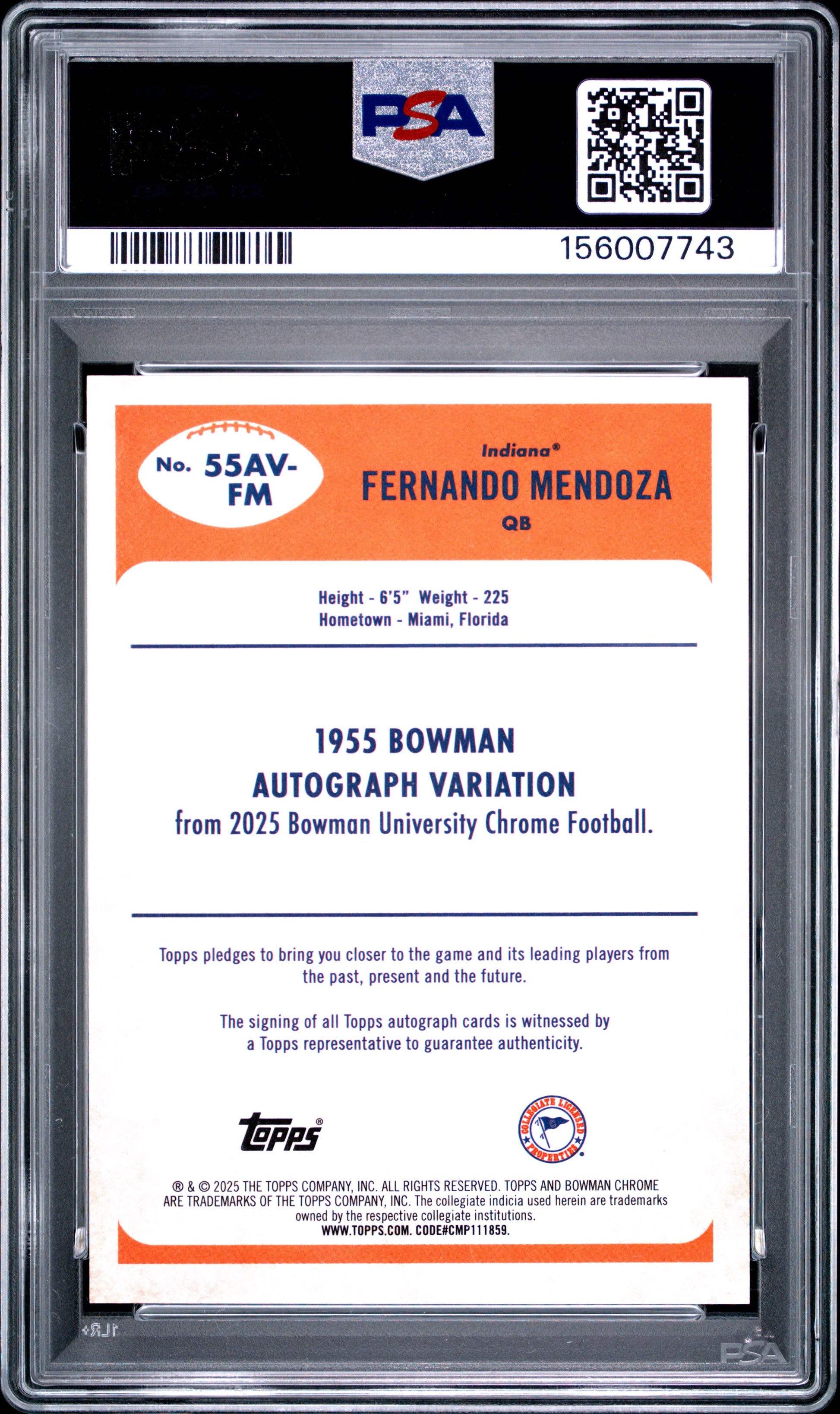 Fernando Mendoza 2025 Bowman Chrome U 1955 Bowman Autograph #59/99 PSA 9 Mint
