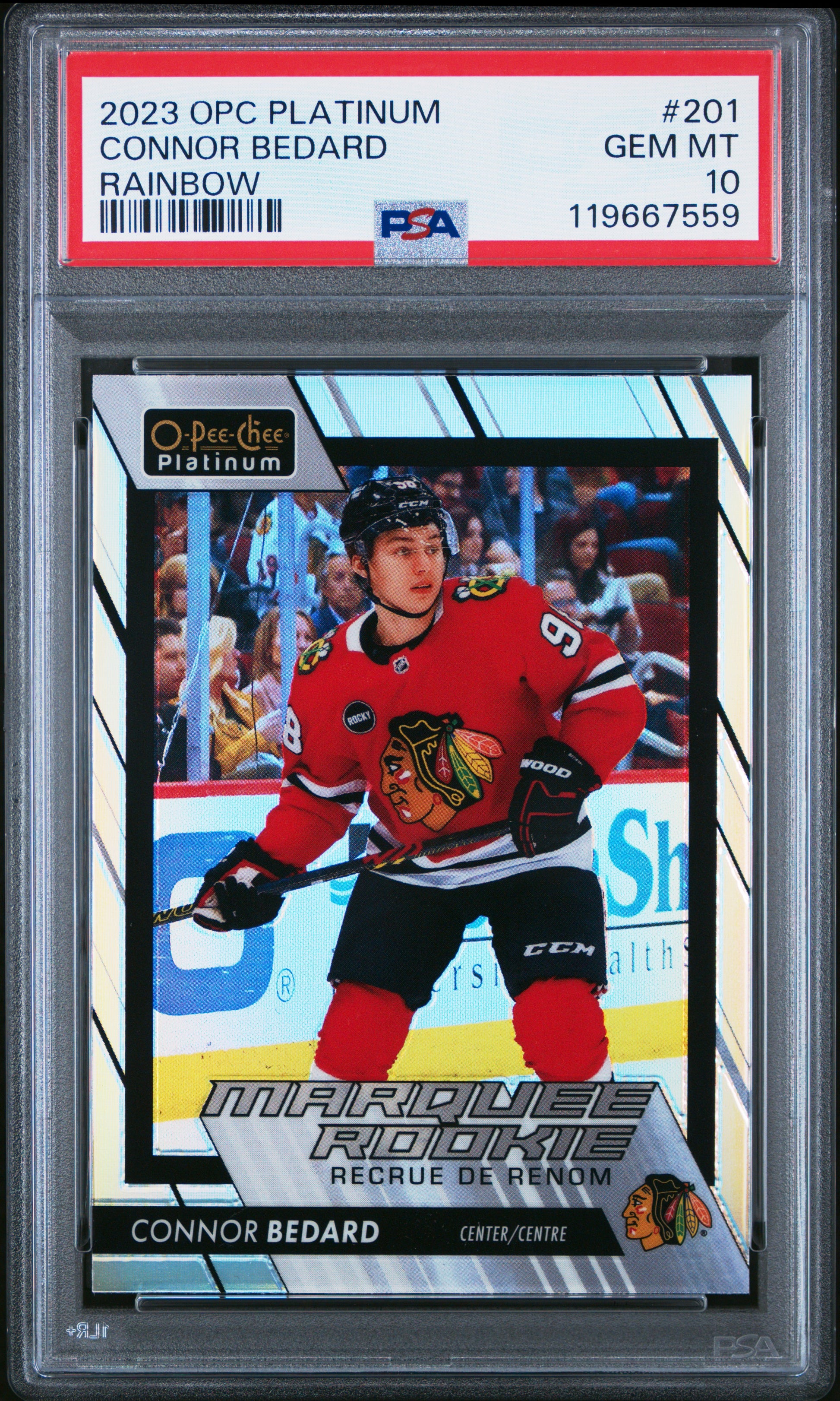 Connor Bedard 2023 OPC Platinum Rookie #201 Rainbow PSA 10 Gem Mint