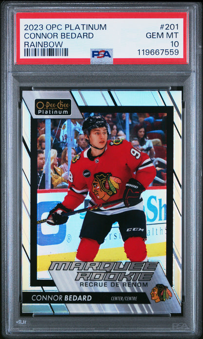 Connor Bedard 2023 OPC Platinum Rookie #201 Rainbow PSA 10 Gem Mint