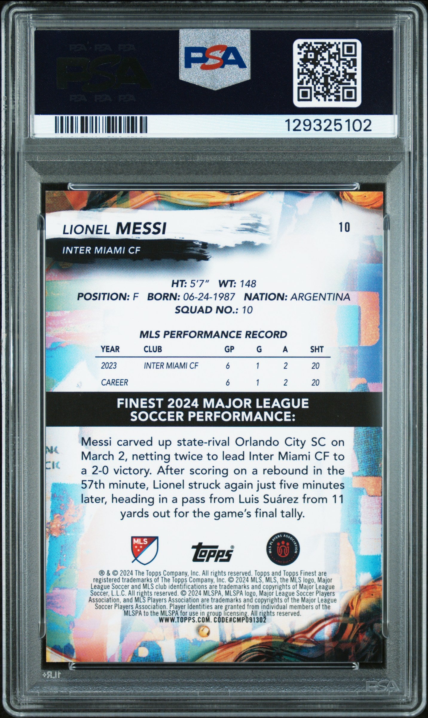 Lionel Messi 2024 TOpps Finest MLS #10 Holo Glow Gold Refractor #23/50 PSA 8 Nm-Mint