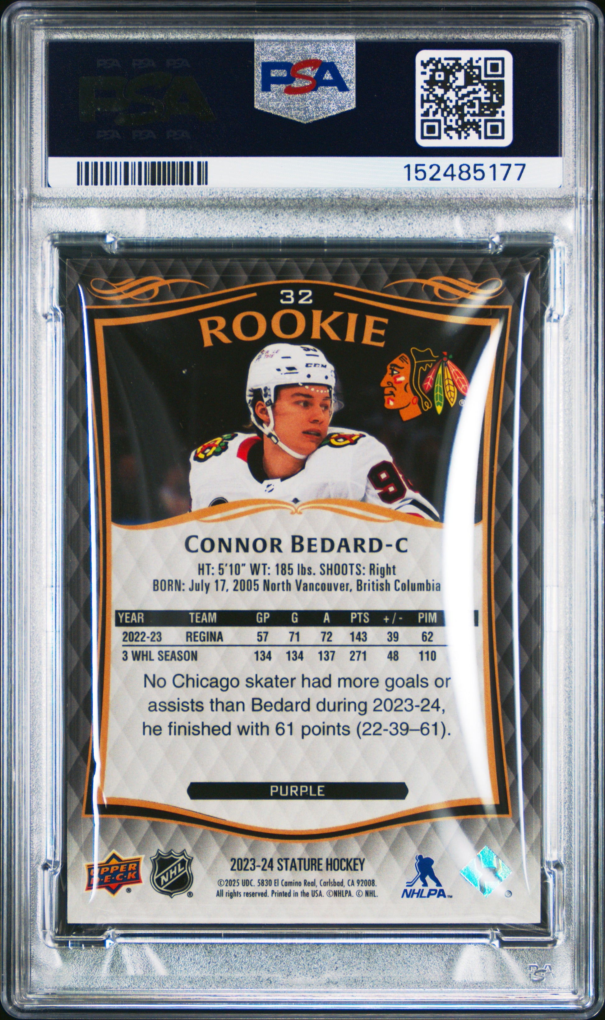 Connor Bedard 2024 Upper Deck Stature 2023 Purple Update Rookie #11/25 PSA 9 Mint