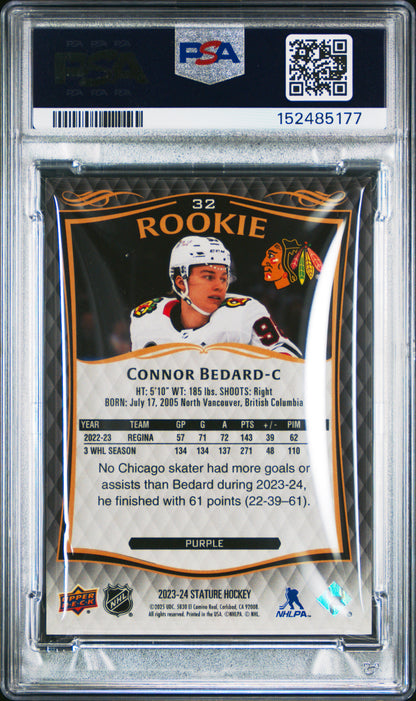 Connor Bedard 2024 Upper Deck Stature 2023 Purple Update Rookie #11/25 PSA 9 Mint
