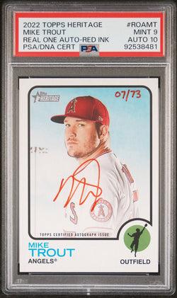 Mike Trout 2022 Topps Heritage Real One Red Ink Auto #7/73 PSA 9 Auto 10