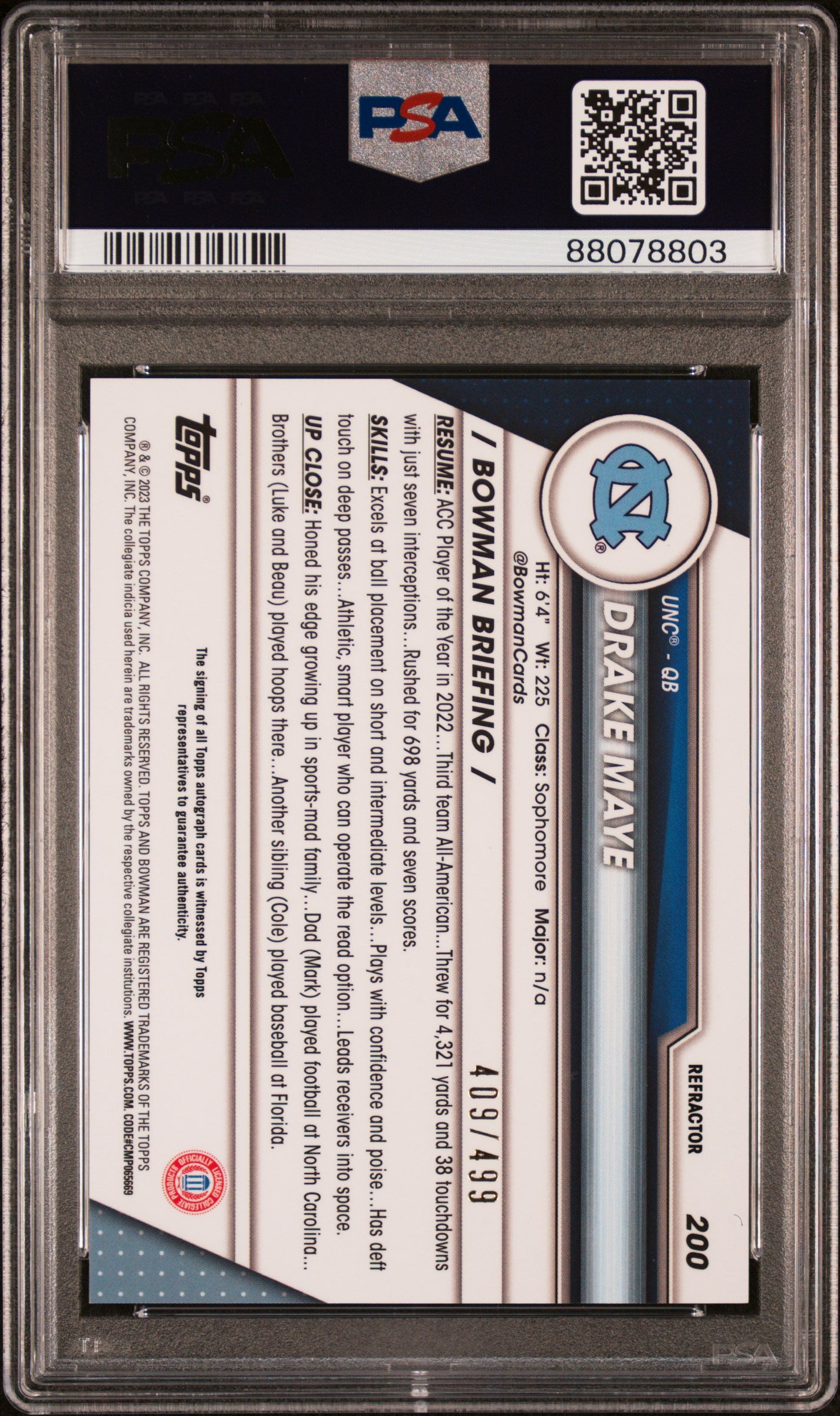 Drake Maye 2023 Bowman Chrome U Rookie Refractor Auto #409/499 PSA 9 Mint