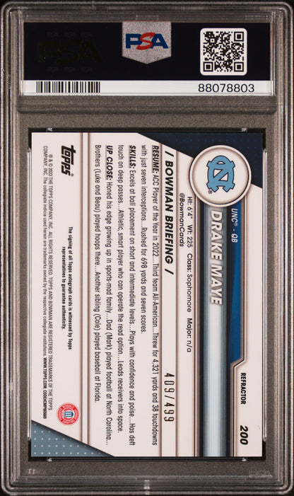Drake Maye 2023 Bowman Chrome U Rookie Refractor Auto #409/499 PSA 9 Mint