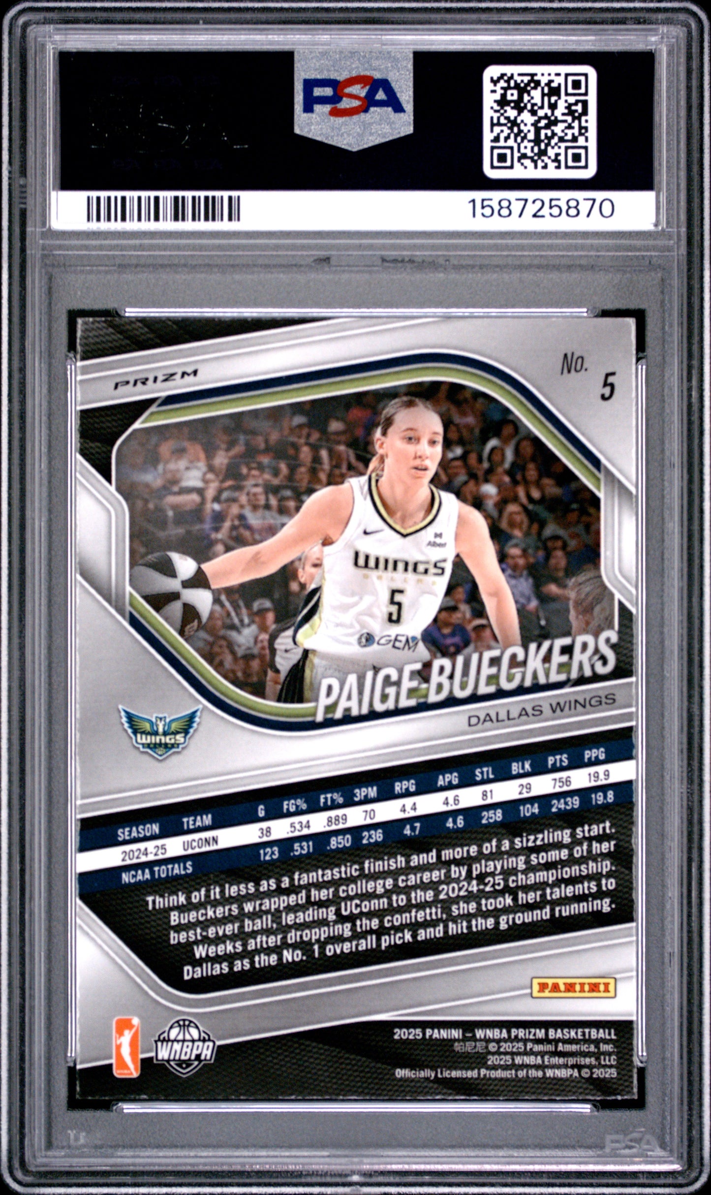 Paige Bueckers 2025 Panini Prizm Rookie Silver Prizm PSA 9 Mint