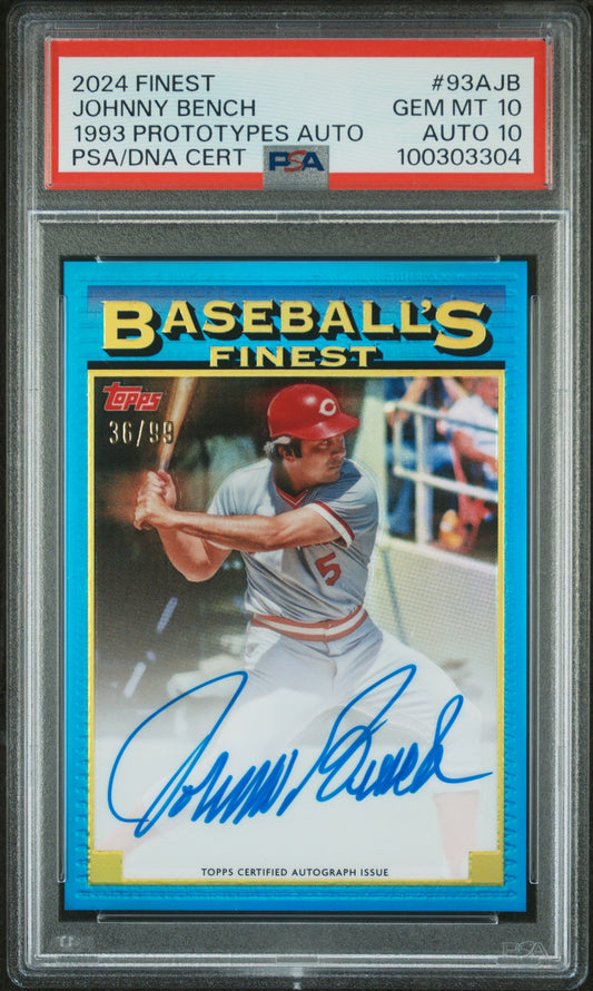 Johnny Bench 2024 Topps Finest 1993 Prototypes Auto #36/99 PSA 10 Auto 10