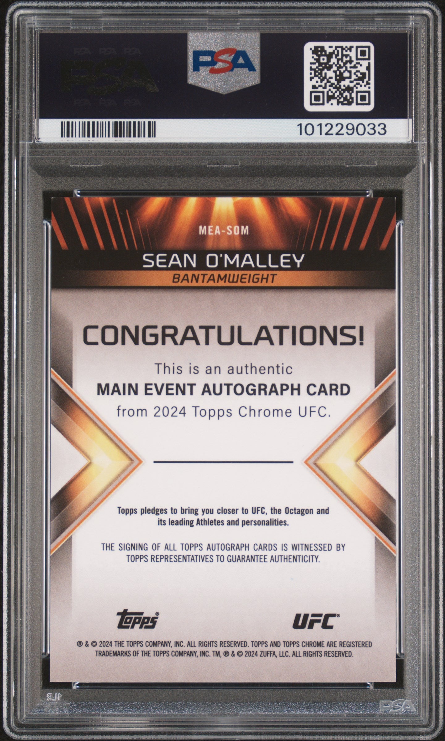 Sean O'Malley 2024 Topps Chrome UFC Main Event Orange Refractor Auto #6/25 PSA 8 Nm-Mint