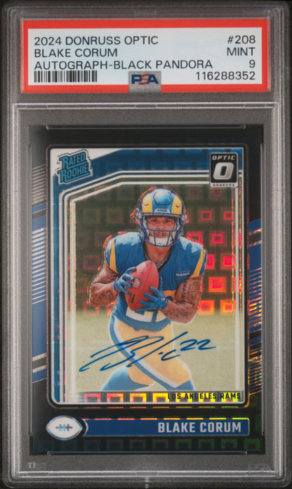 Blake Corum 2024 Donruss Optic Rookie Auto Black Pandora #1/25 PSA 9 Mint
