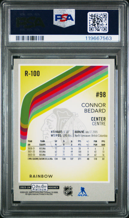 Connor Bedard 2023 OPC Platinum Retro Rainbow Rookie #R100 PSA 10 Gem Mint