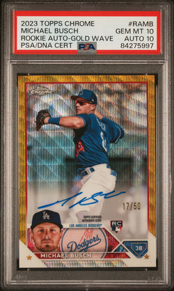 Michael Busch 2023 Topps Chrome Gold Wave Auto #17/50 PSA 10 Auto 10