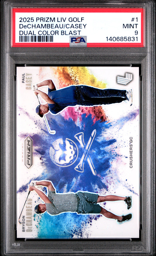 Bryson DeChambeau + Paul Casey 2025 Prizm LIV Golf Dual Color Blast PSA 9 Mint
