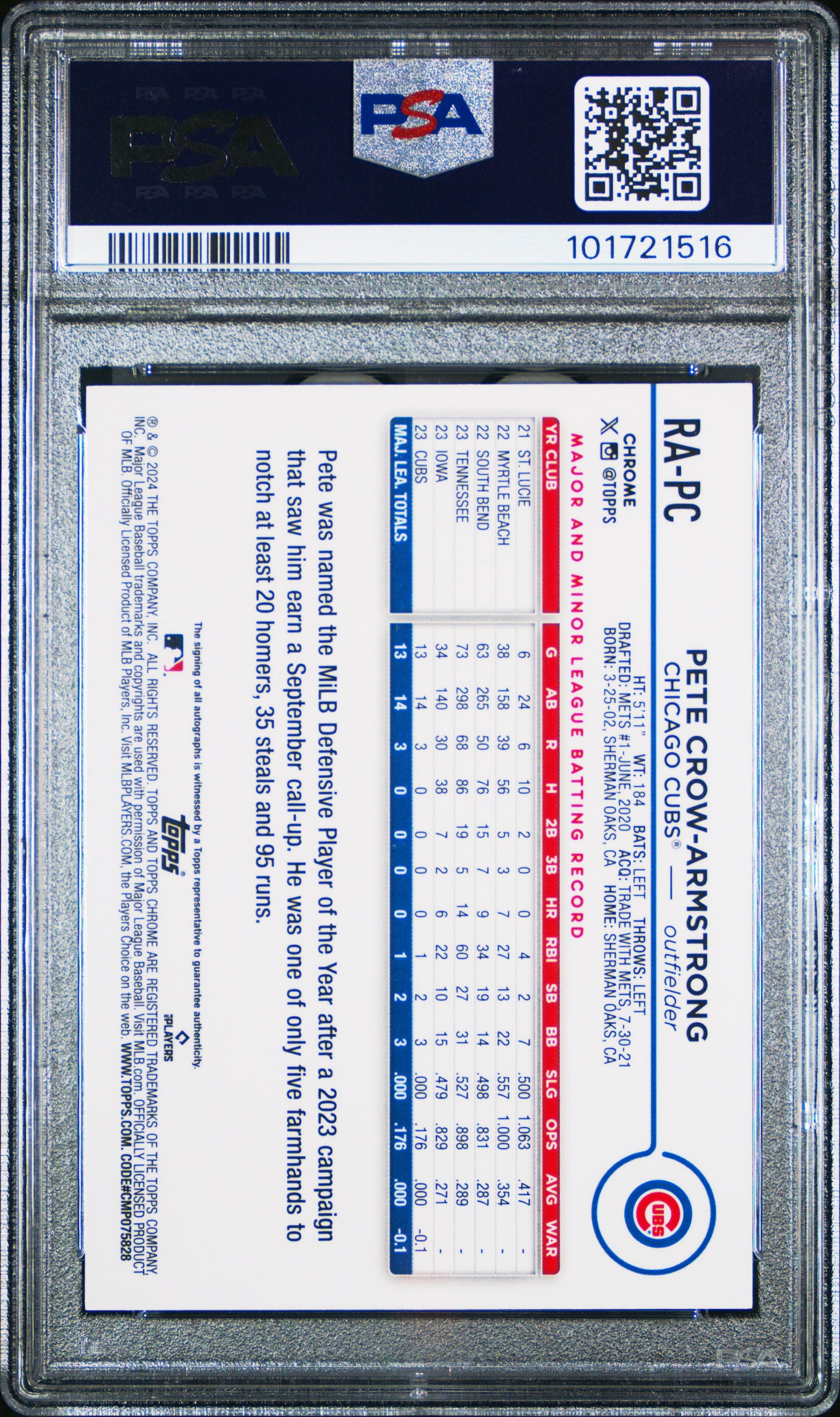 Pete Crow-Armstrong 2024 Topps Chrome Rookie Gold Auto Refractor #10/50 PSA 9 Mint