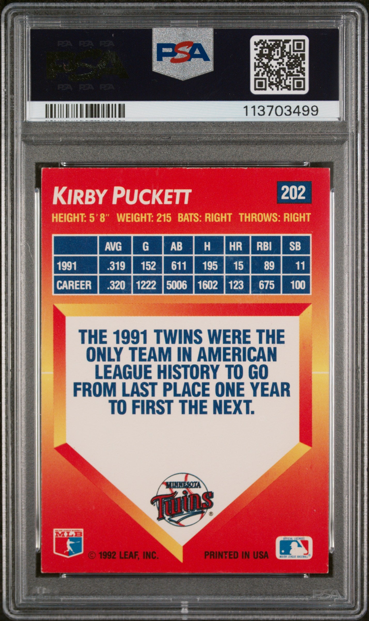 Kirby Puckett 1992 Triple Play Autograph PSA Auth
