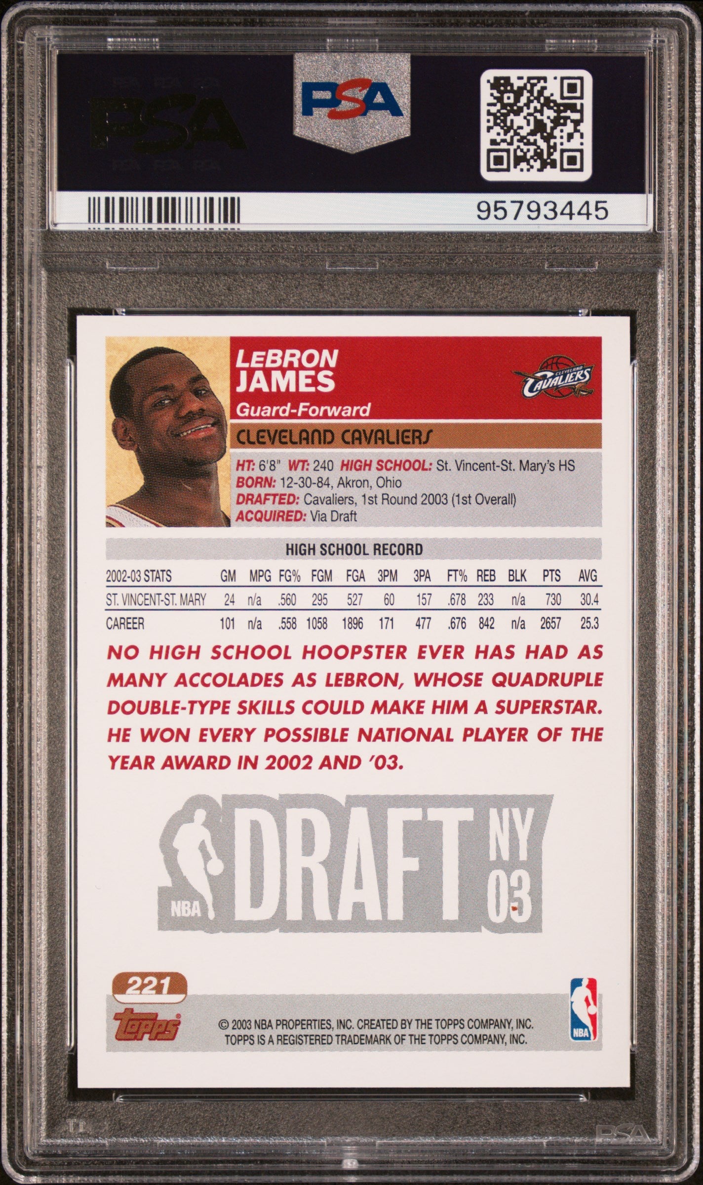 LeBron James 2003 Topps Rookie #221 PSA 5 EX 3445