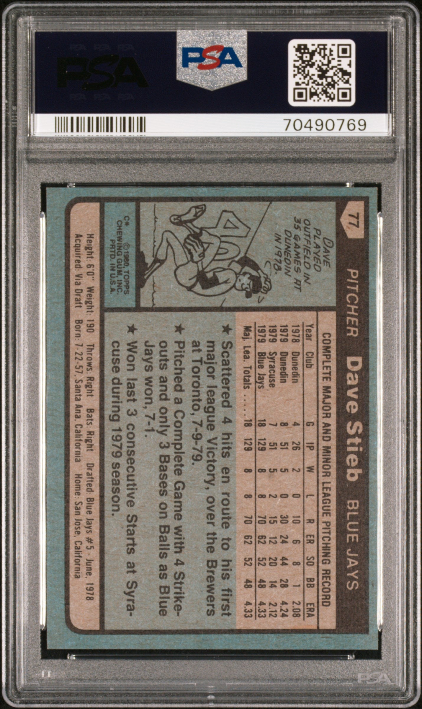 Dave Stieb 1980 Topps Rookie #77 PSA 9 Mint