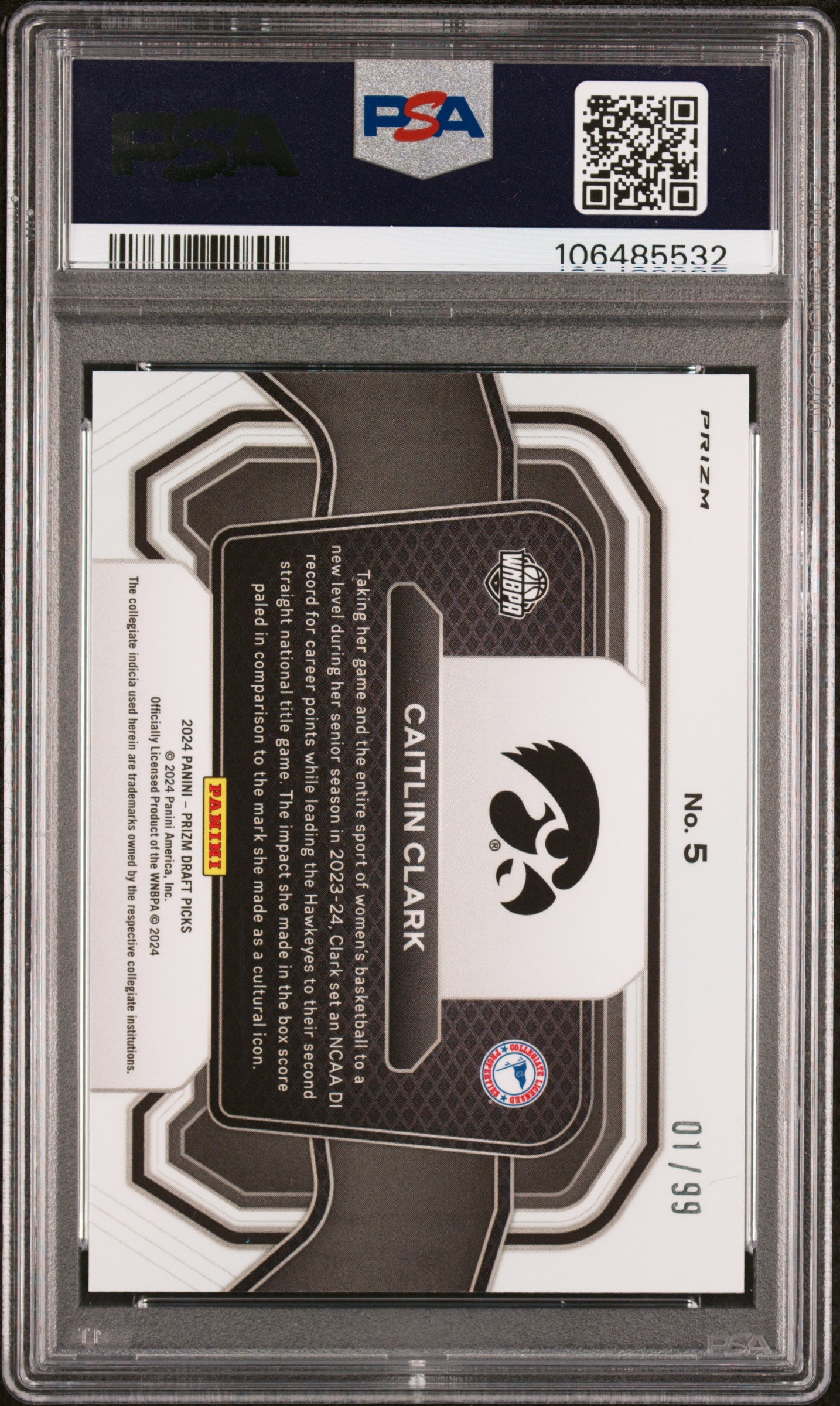 Caitlin Clark 2024 Panini Prizm Draft Picks Campus Legend Blue Ice #1/99 PSA 10 Gem Mint