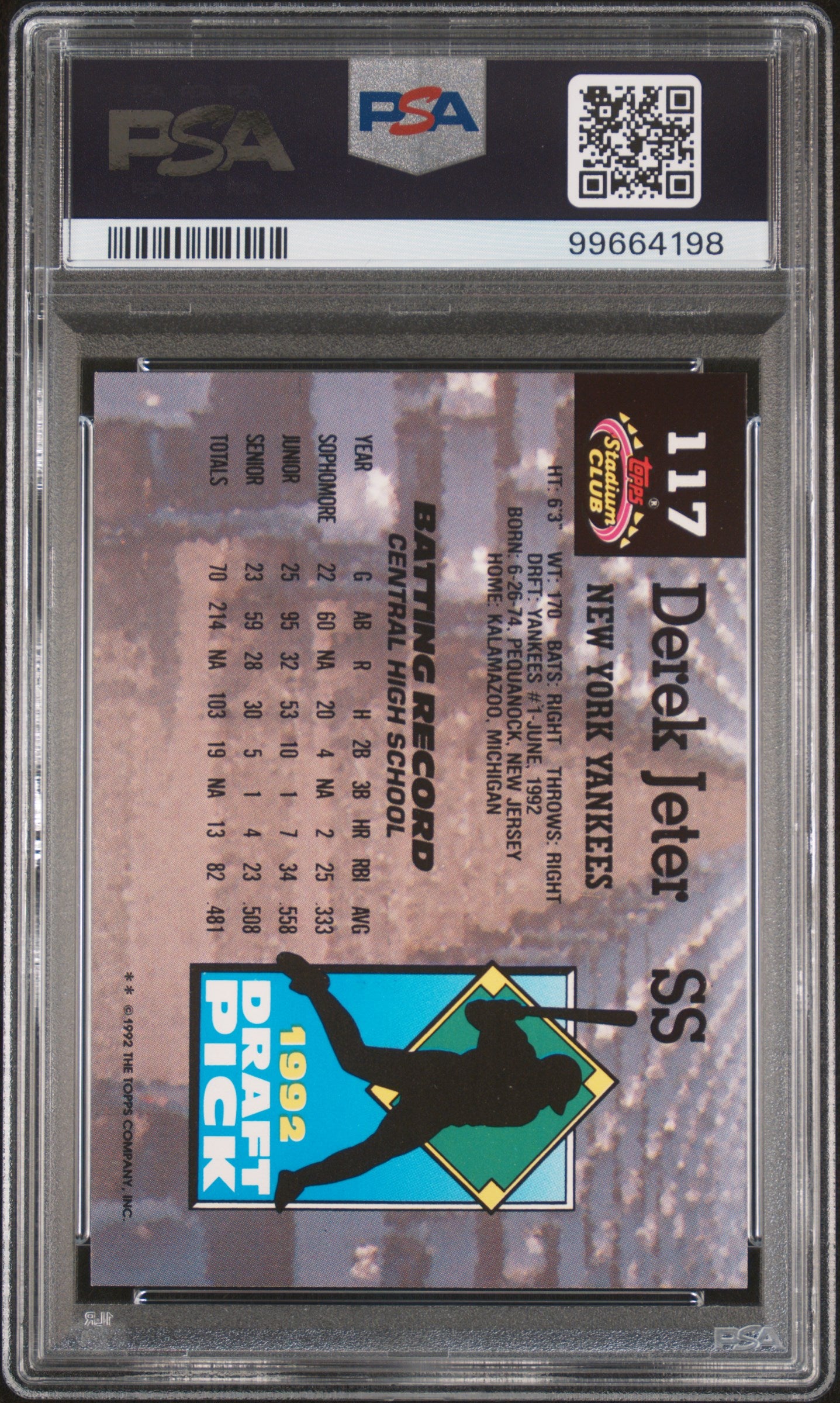 Derek Jeter 1993 Stadium Club Murphy Rookie #117 PSA 9 Mint