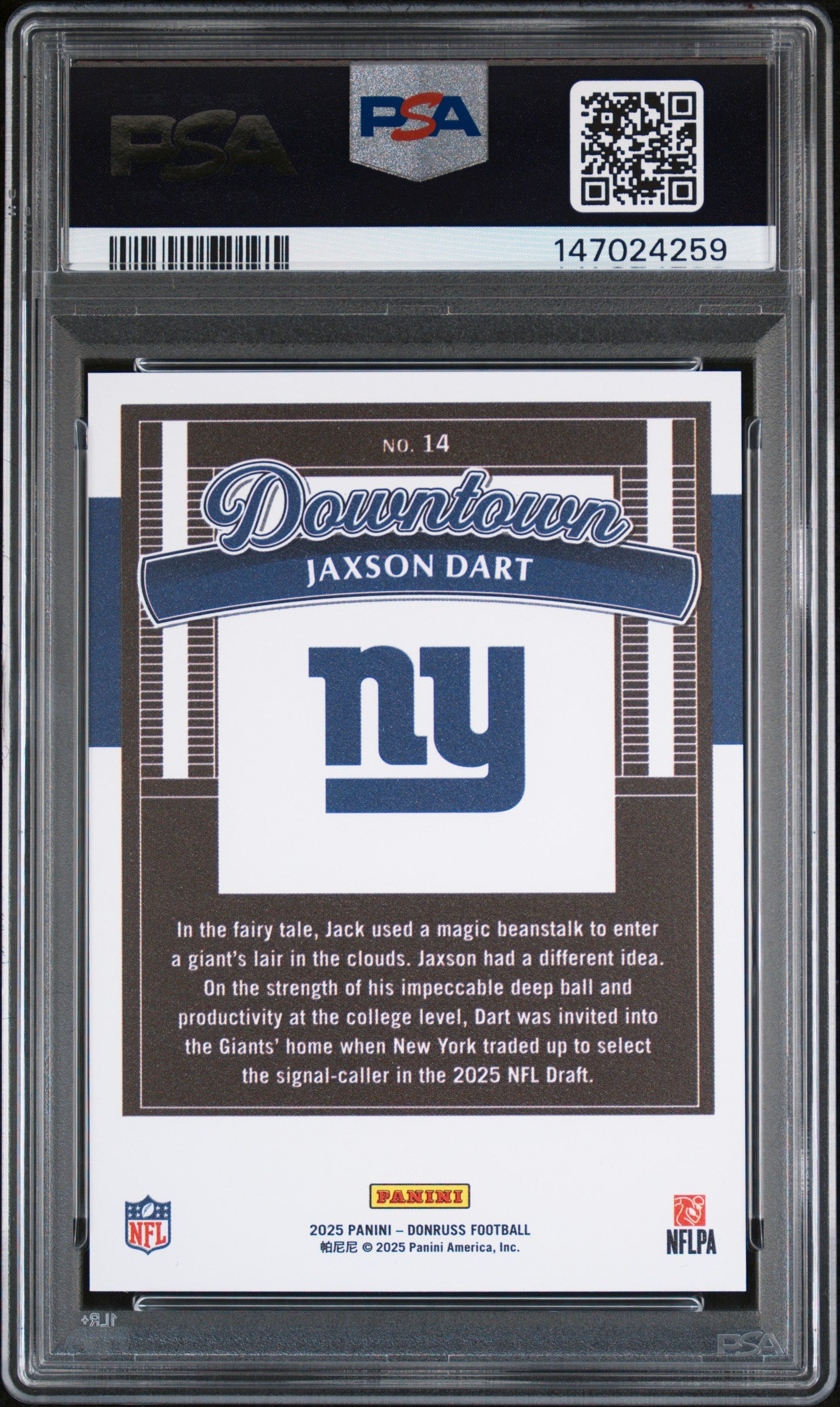 Jaxson Dart 2025 Donruss Rookie Downtown PSA 9 Mint