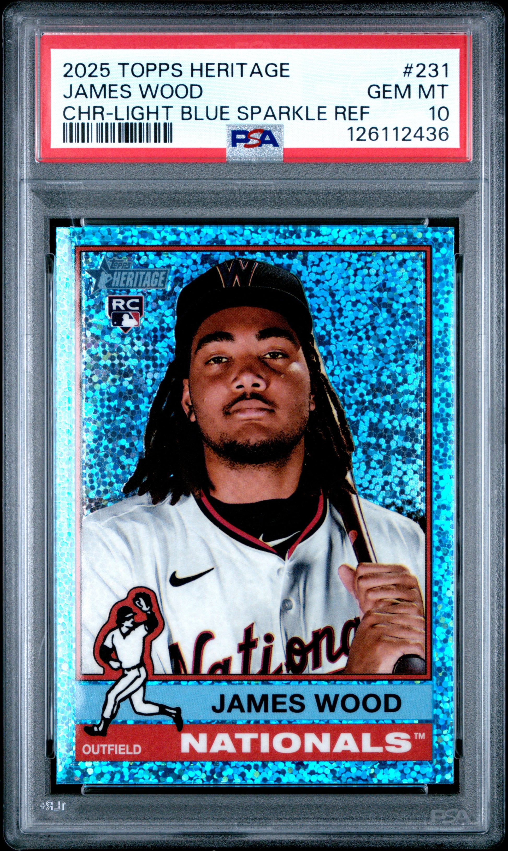 James Wood 2025 Topps Heritage Chrome #231 Blue Sparkle Refractor PSA 10 Gem Mint