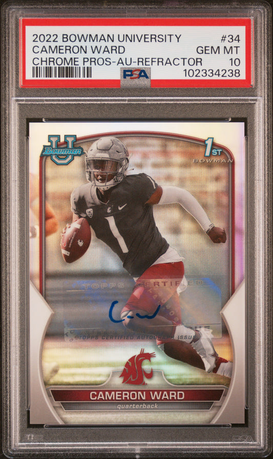 Cameron Ward 2022 Bowman Chrome University Refractor Auto PSA 10 Gem Mint