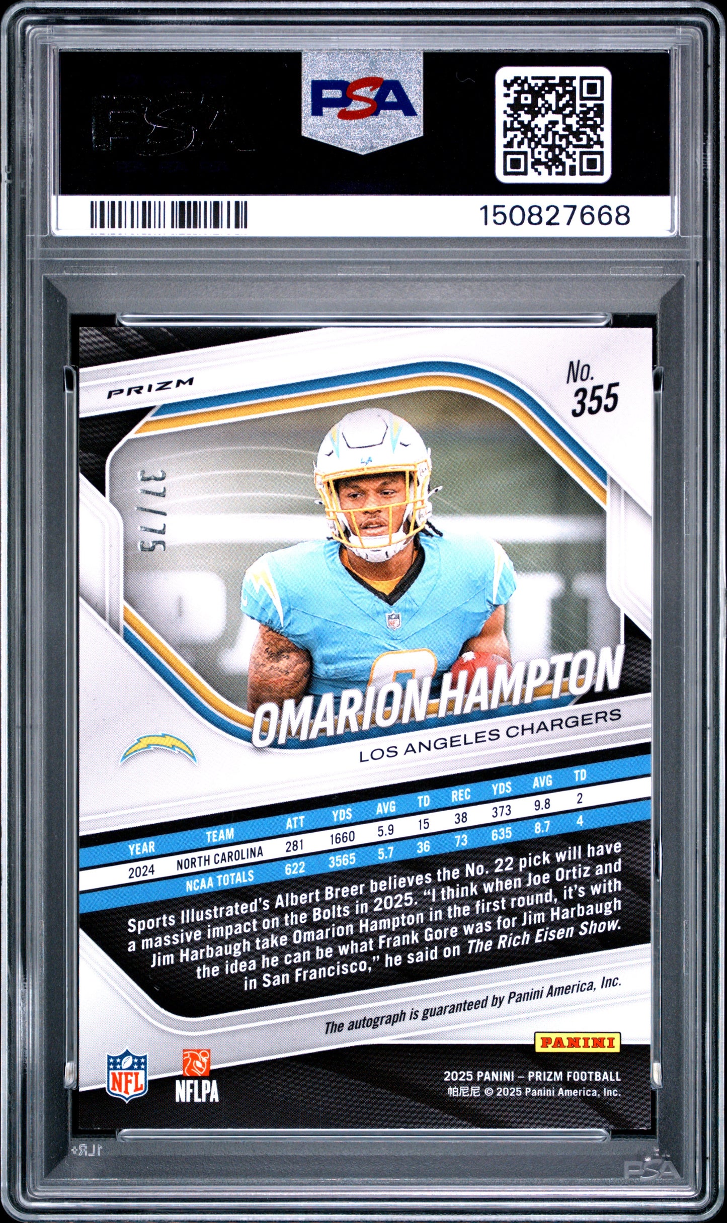 Omarion Hampton 2025 Panini Prizm Green Scope Rookie Auto #37/75 PSA 10 Gem Mint