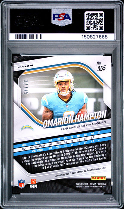 Omarion Hampton 2025 Panini Prizm Green Scope Rookie Auto #37/75 PSA 10 Gem Mint