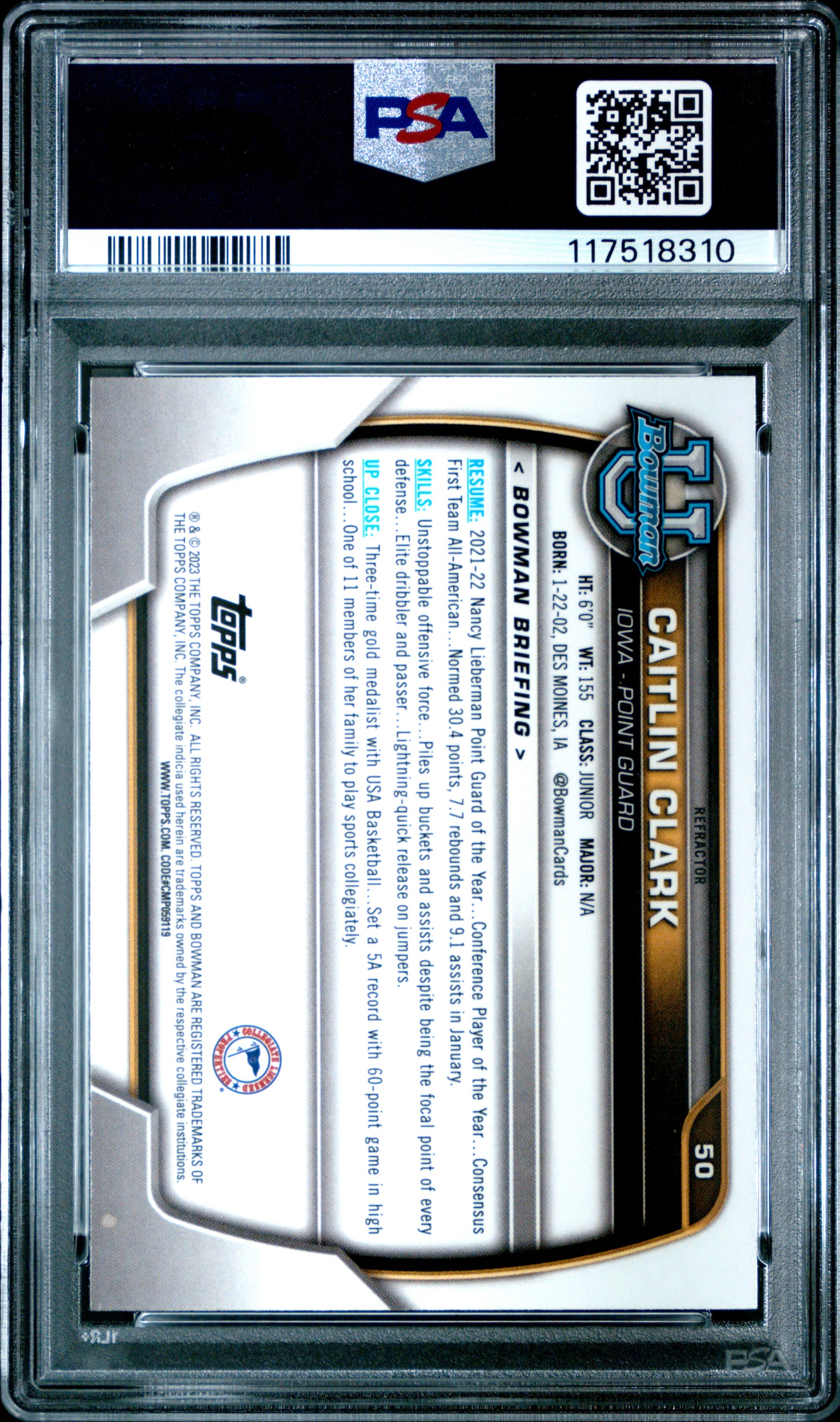 Caitlin Clark 2022 Bowman U Chrome #50 Refractor PSA 9 Mint 8310