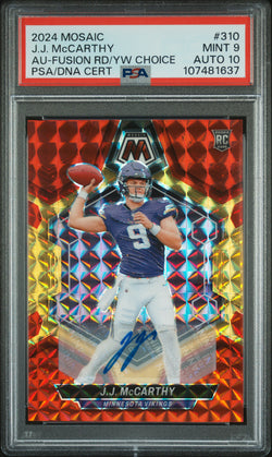 JJ McCarthy 2024 Panini Mosaic Fusion Red/Yellow Choice Auto PSA 9 Auto 10