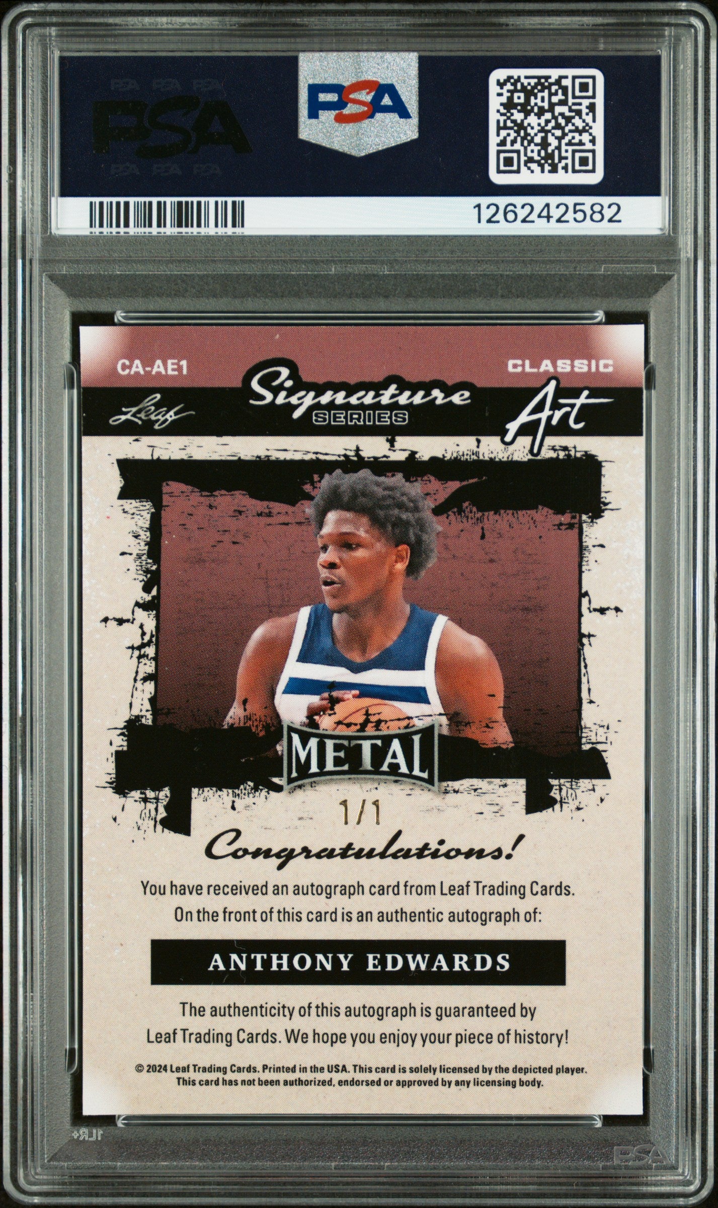 Anthony Edwards 2024 Leaf Metal Signature Lava Auto #1/1 PSA 8 Auto 10