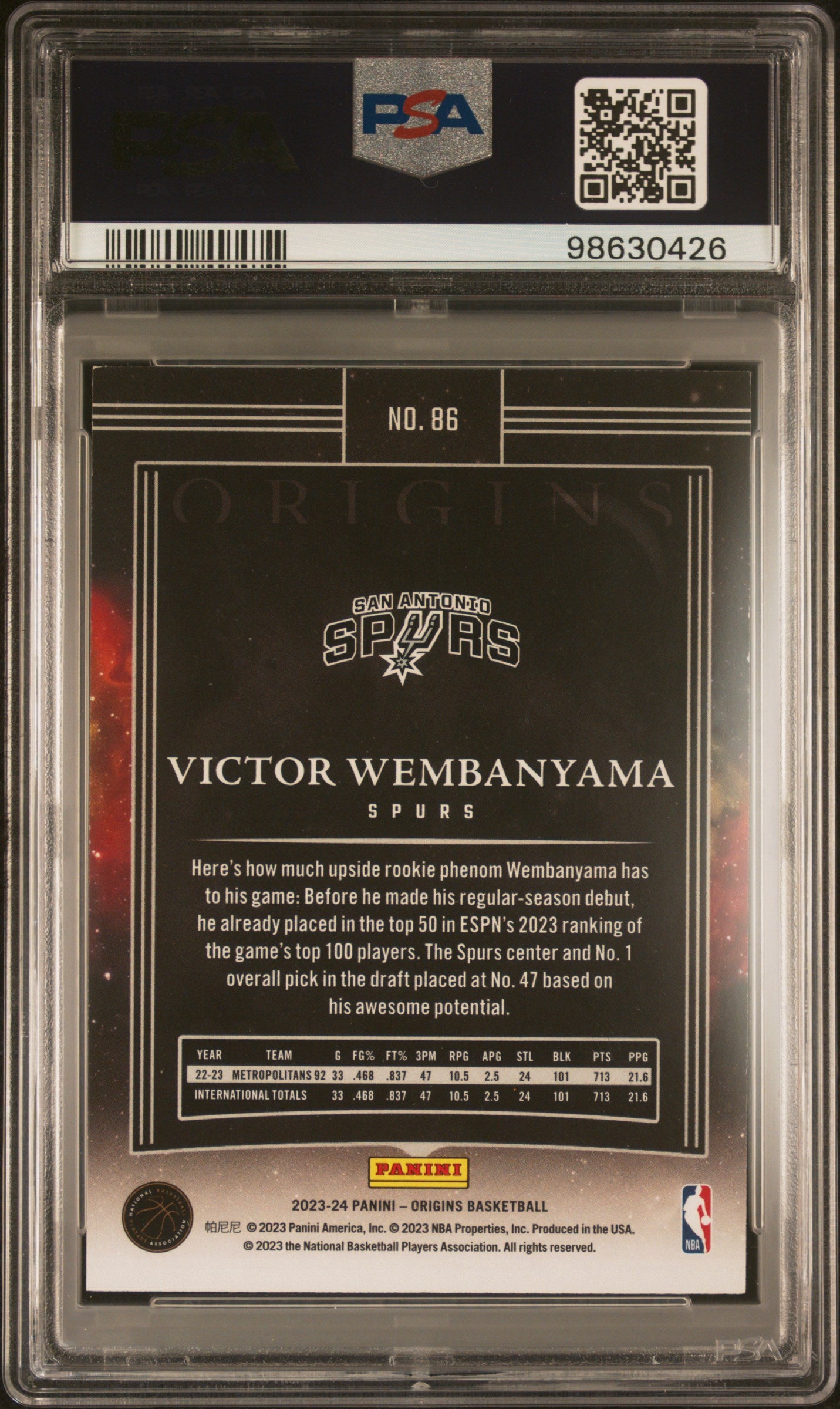 Victor Wembanyama 2023 Panini Origins Gold Rookie #5/10 PSA 7 Near Mint