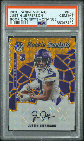 Justin Jefferson 2020 Panini Mosaic Rookie Scripts Orange Auto PSA 10 Gem Mint