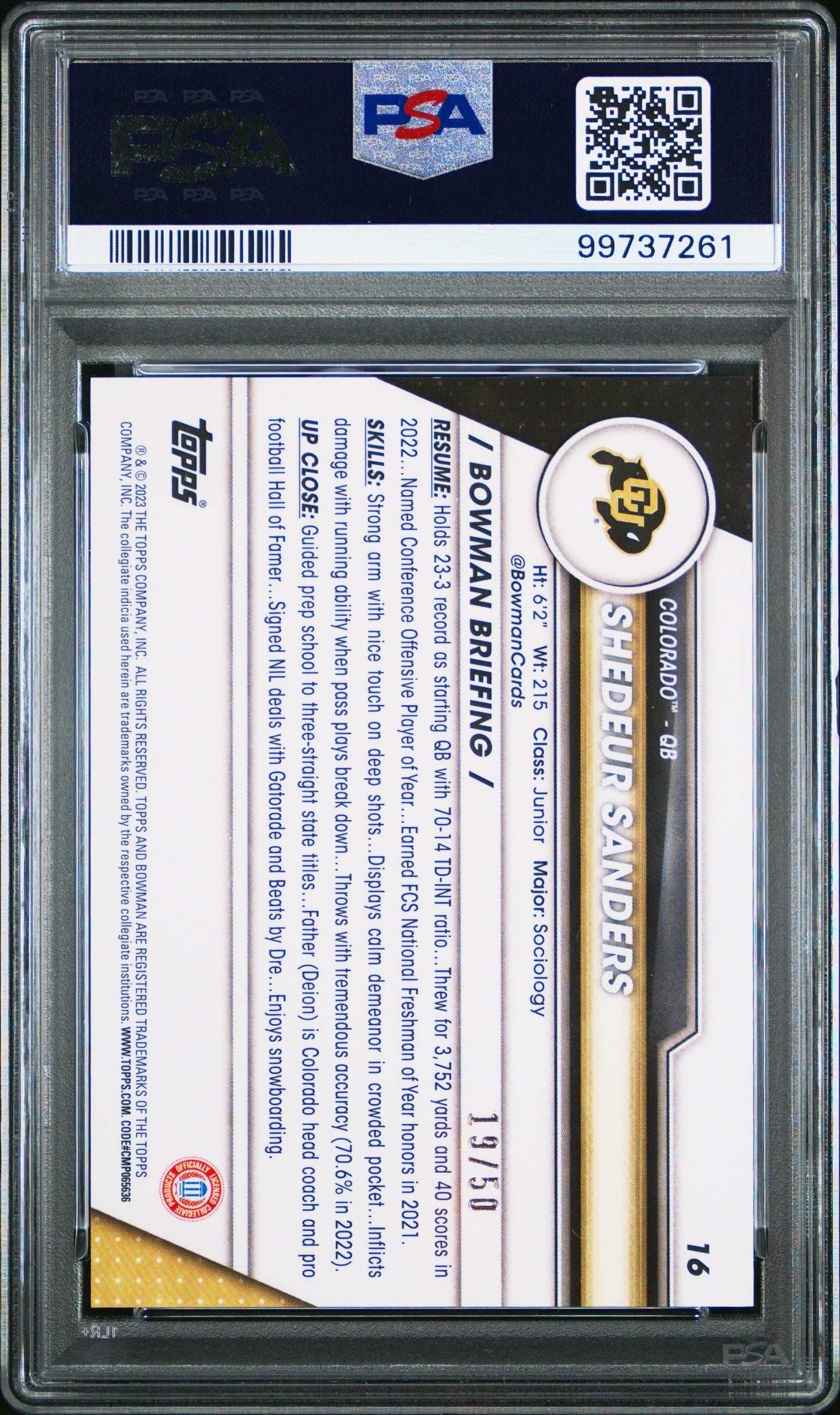 Shedeur Sanders 2023 Bowman Chrome U Gold Refractor #19/50 PSA 10 Gem Mint