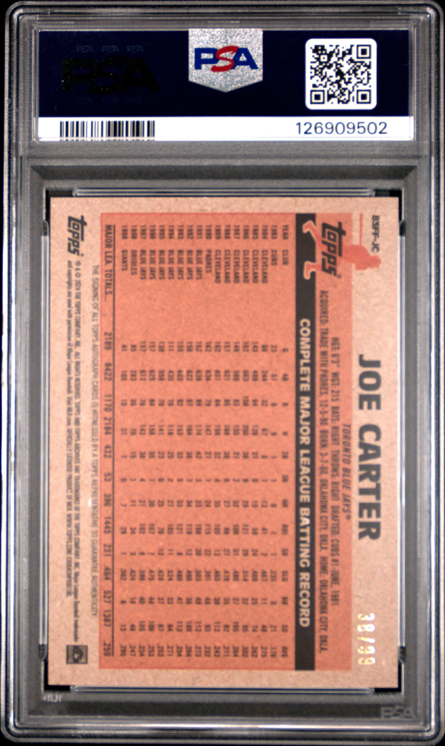 Joe Carter 2024 Topps Archives Fan Favorites Green Foil Auto #38/99 PSA 10 Gem Mint