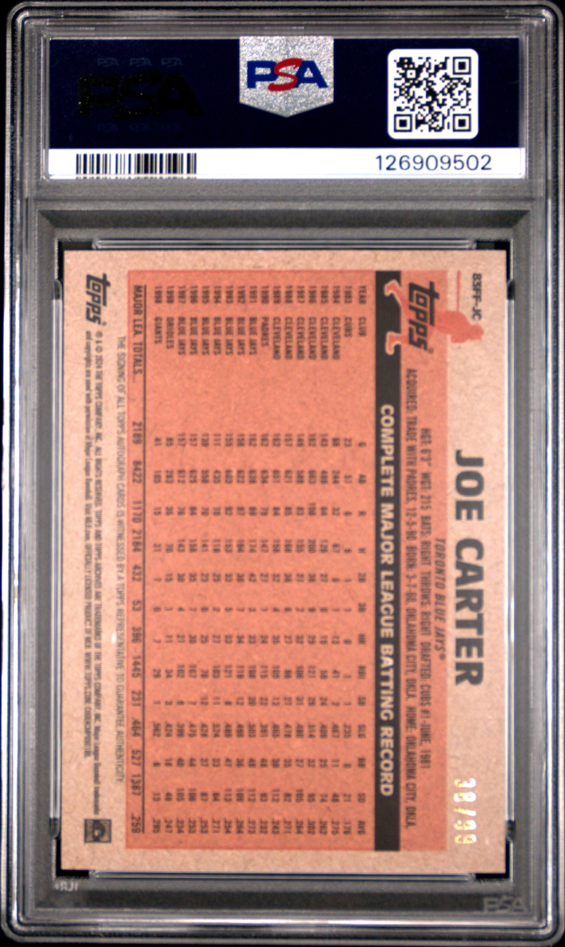 Joe Carter 2024 Topps Archives Fan Favorites Green Foil Auto #38/99 PSA 10 Gem Mint