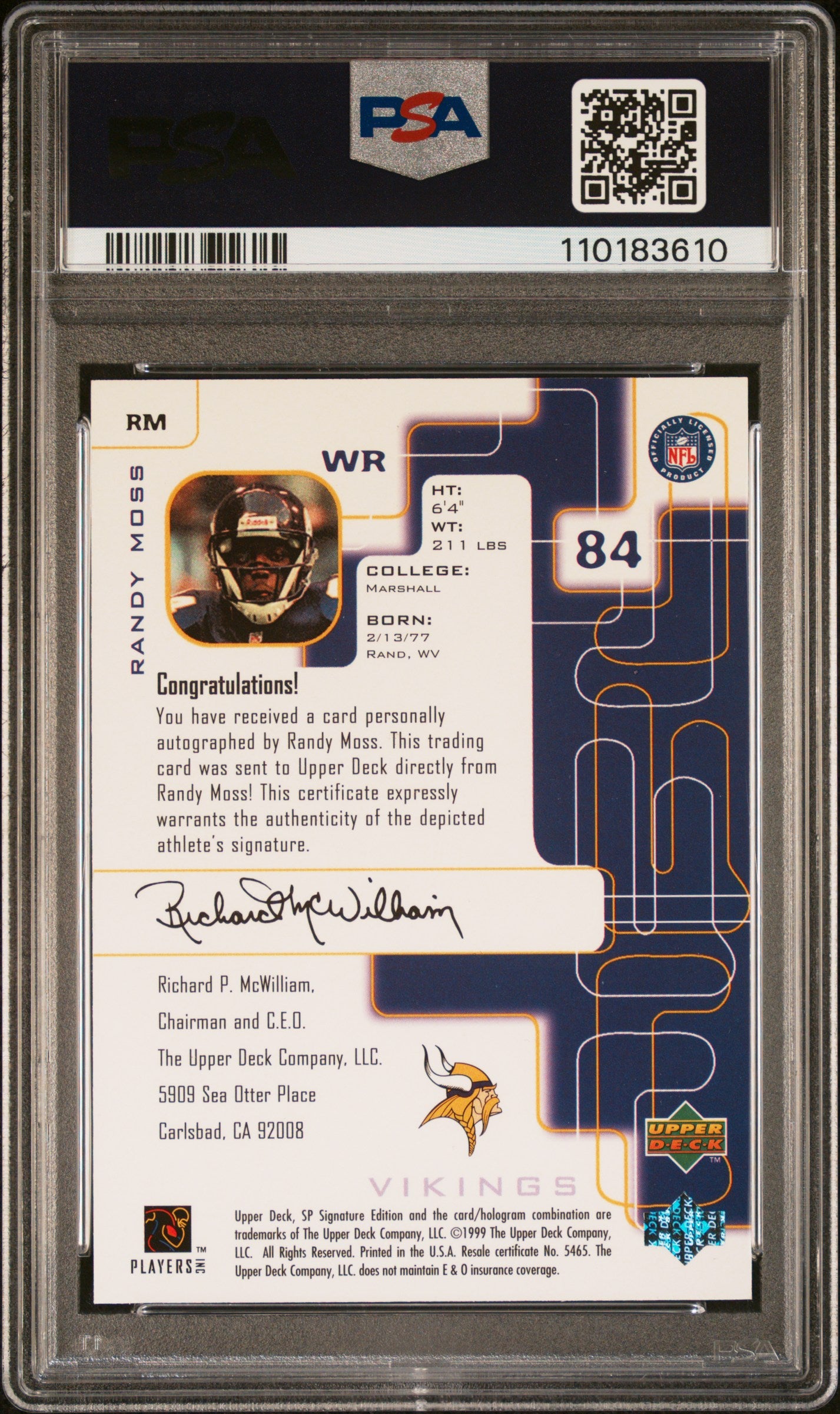 Randy Moss 1999 Upper Deck SP Siganture Auto PSA 9 Mint