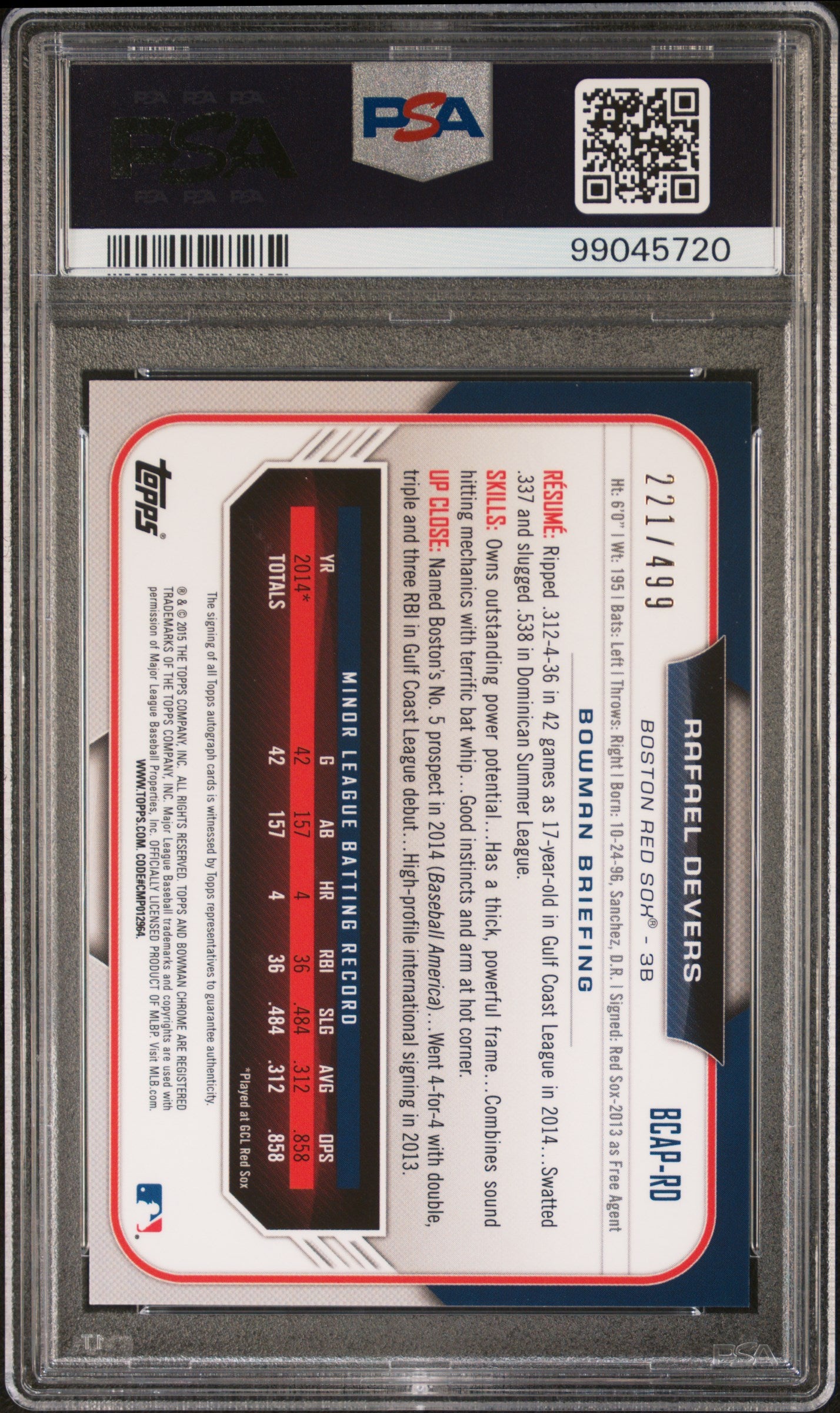 Rafael Devers 2015 Bowman Prospect Refractor Autograph #221/499 PSA 9 Mint