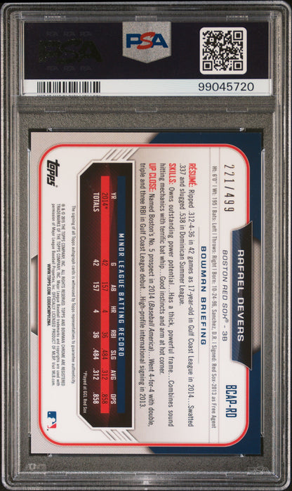 Rafael Devers 2015 Bowman Prospect Refractor Autograph #221/499 PSA 9 Mint