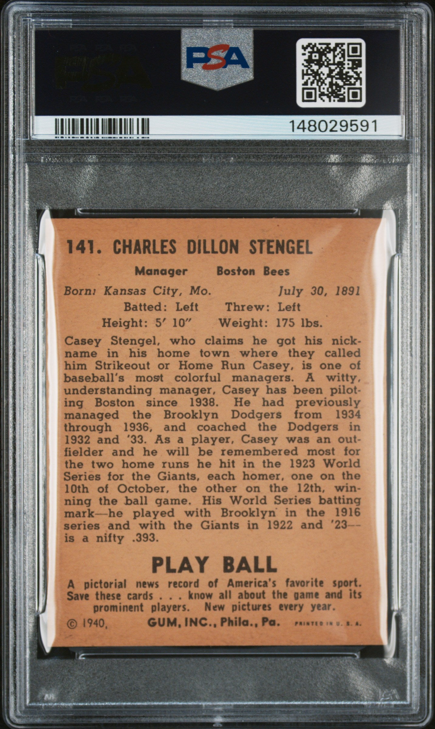 Casey Stengel 1940 Play Ball #141 PSA 5 Ex