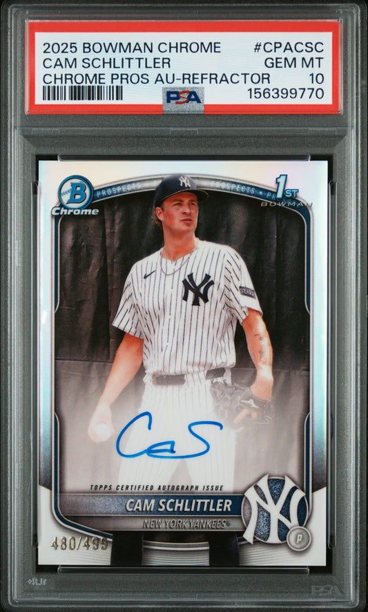 Cam Schlittler 2025 Bowman Chrome Auto #480/499 PSA 10 Gem Mint